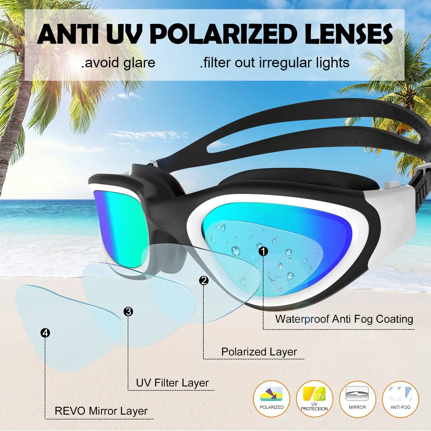 

WIN.MAX Polarised Swimming Goggles Anti-fog UV Protection Waterproof Clear View Adjustable with Soft Nose Bridges for Men Women