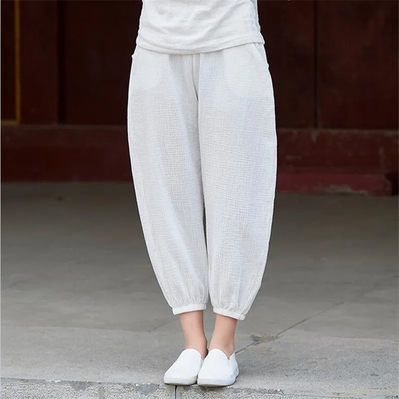 

Cotton Linen Solid Women Pants 2022 Summer Lantern Elastic Waist Loose Casual Baggy Trousers Black white vintage pants