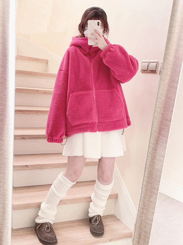 

Женские толстовки в стиле Харадзюку, осенне-зимние флисовые свободные толстые теплые толстовки с капюшоном и завязками на молнии, 2022, кавайная одежда