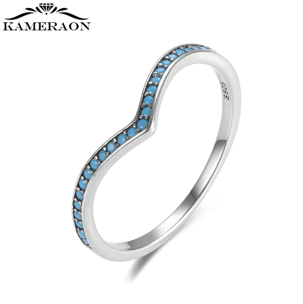 

Kameraon Retro Real 925 Silver Blue Stone Curved Rings for Women V Shape Stacking Ring Vintage Anniversary Bridal Fine Jewelry