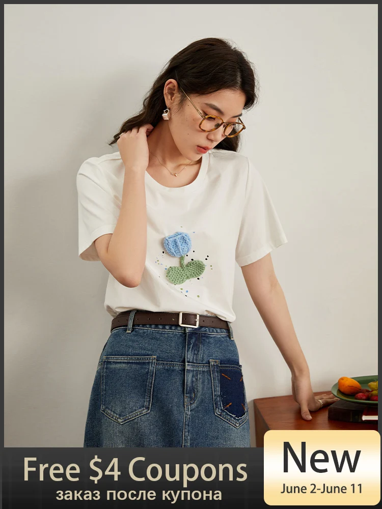 

DUSHU трехмерная вязаная футболка с цветочным украшением, простая футболка с круглым вырезом для женщин, летний шикарный стиль, свободный жен...