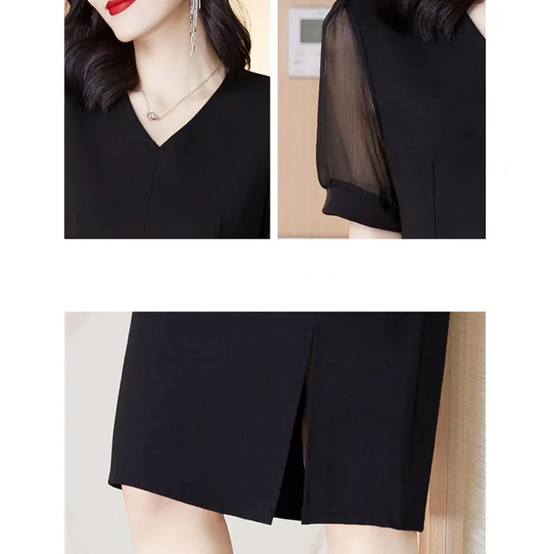 Женское платье с V-образным вырезом коротким рукавом и разрезом на подоле