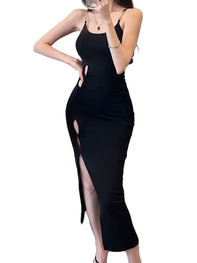 

Сексуальное платье на бретелях с разрезом, черная сумка, юбка на бедрах, Новинка лета 2022, модная женская одежда