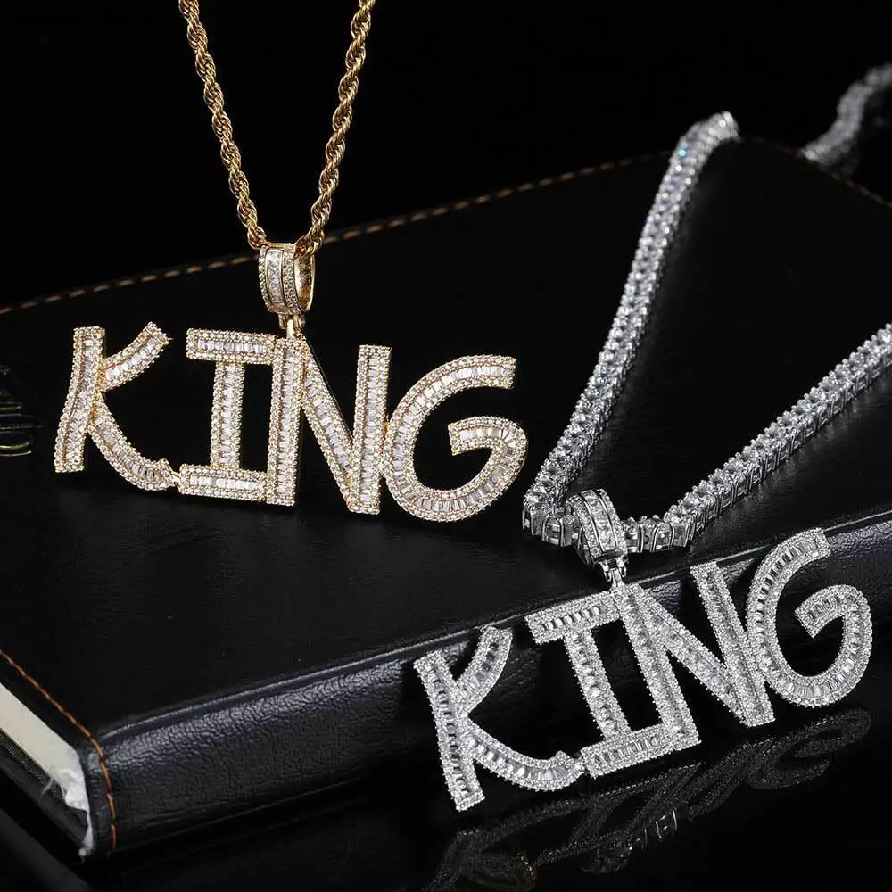 

Exquisite Fashion Hip Hop Rock Ice Out Letters XO KING Cubic Zirconia Crystal Pendant Neck Necklaces for Men Cool Party Jewelry