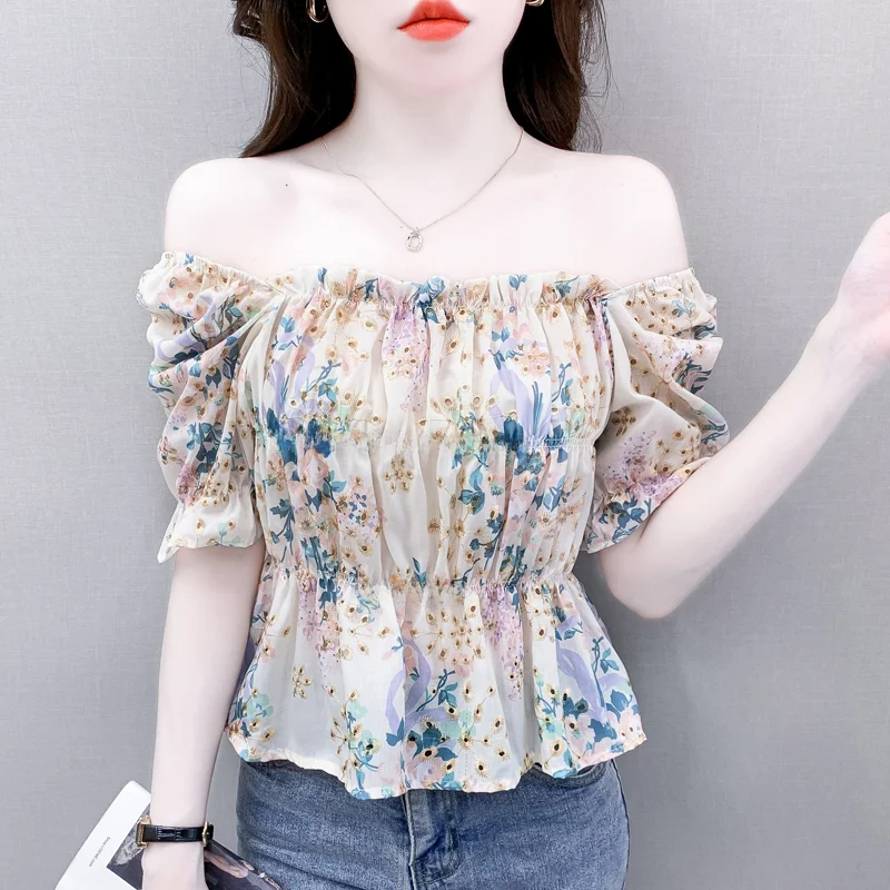 Женская шифоновая блузка с рукавами-фонариками и открытыми плечами