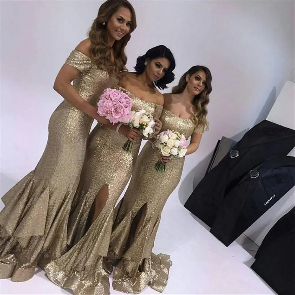 

ANGELSBRIDEP Sparkly Golden Sequins Mermaid Bridesmaid Dress Boat Neck Front Split Long Elegant Maid Of Honor Gowns Custom Made