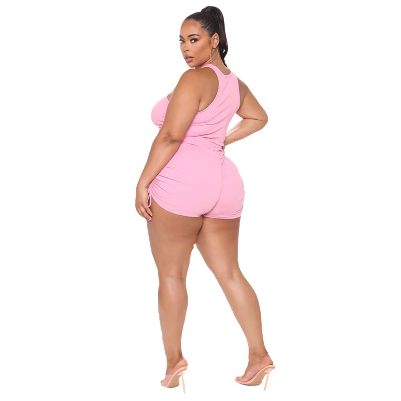 Plus Size S-5xl Printing Summer Women Sport Suit Shirring High Waist Two Pieces Shorts Set Sleeveless Crop Top 3xl 4xl 5xl 6xl