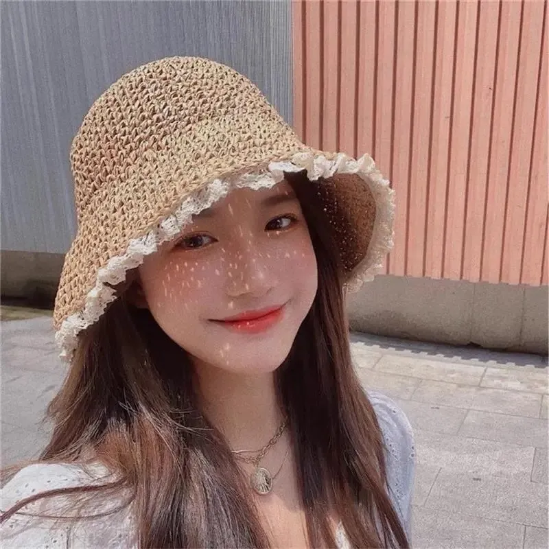 

Summer sweet traveling fisherman's hat lace edge retro female sunscreen small fresh folding straw hat sun hat