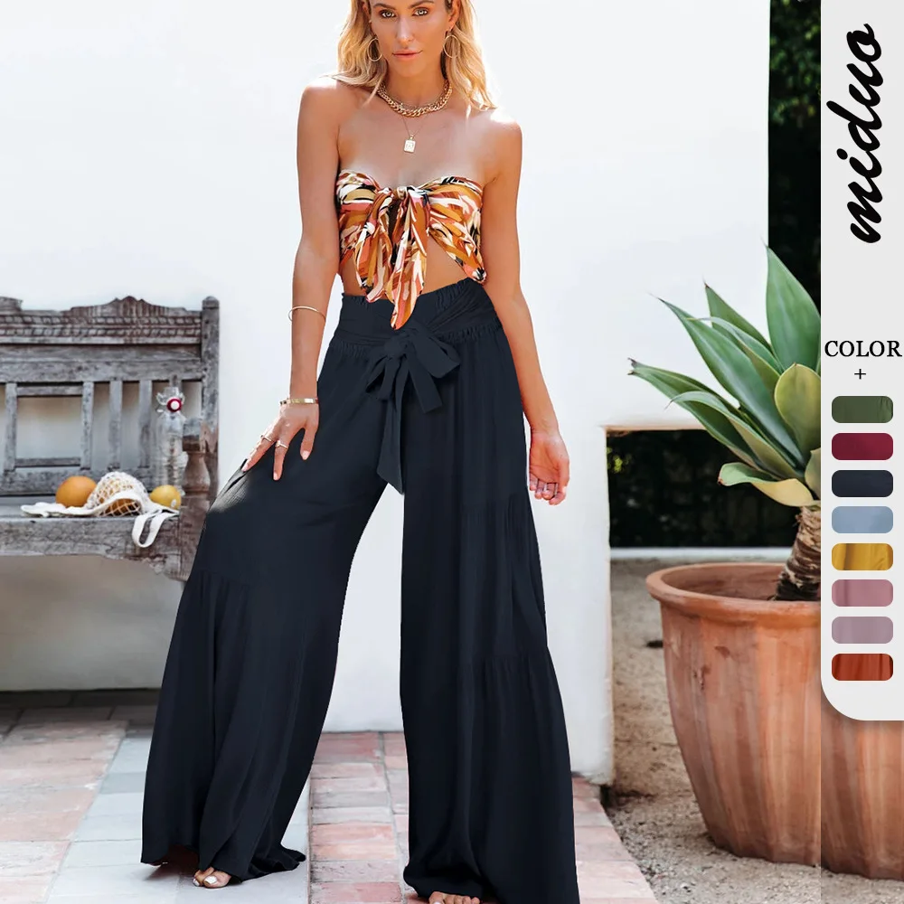 Pants Women Summer Solid Color Elastic Waist Belt Wide Leg Casual Lace Up Straight Pants 2022 Female Loose Trousers