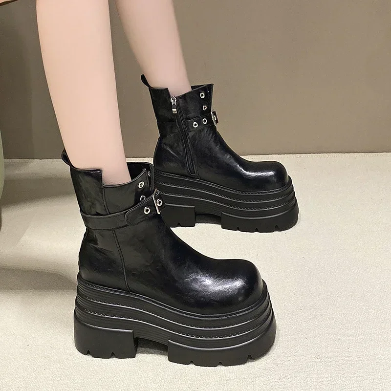 Женские кожаные полусапожки на высокой платформе 10 см зима-осень британская