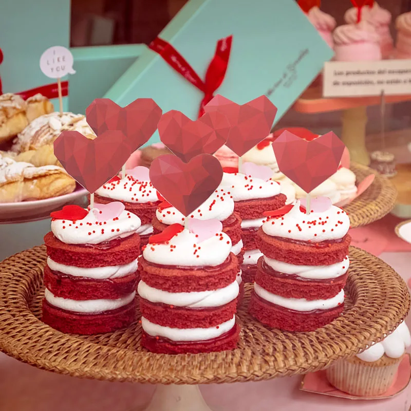 

Red Heart Diamond Shaped Cake Topper Bridal Shower Wedding Party Cake Decoration Cupcake Flags Birthday Holiday Supplies 12pcs