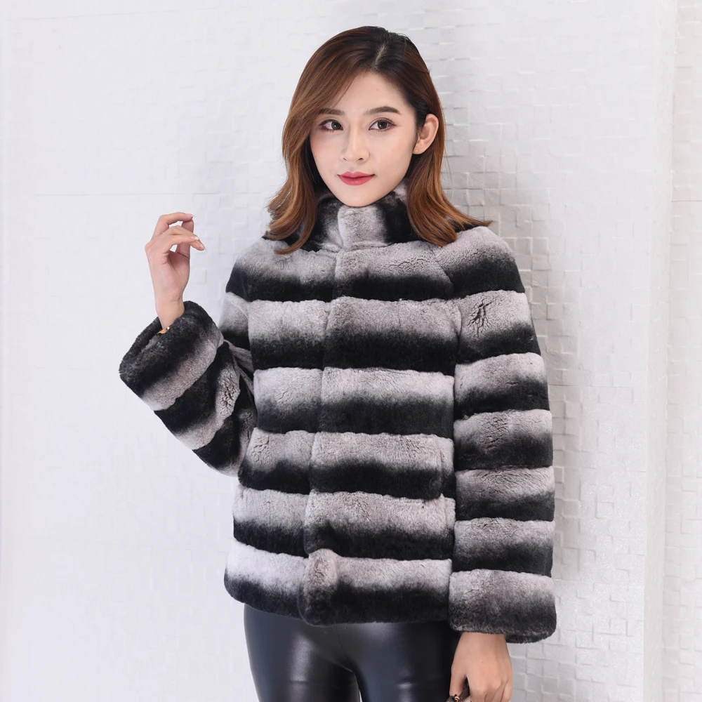

Rabbit Rex natural real chinchilla fur coat women jacket short overcoat stand collar striped outerwear 2023 winter clothing