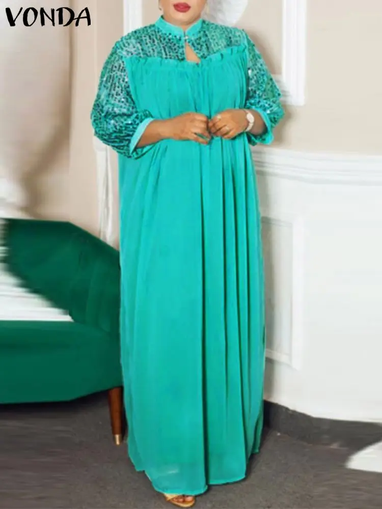 

Женское летнее платье-макси VONDA, элегантное винтажное платье большого размера с V-образным вырезом, плиссированное мешковатое платье, женск...