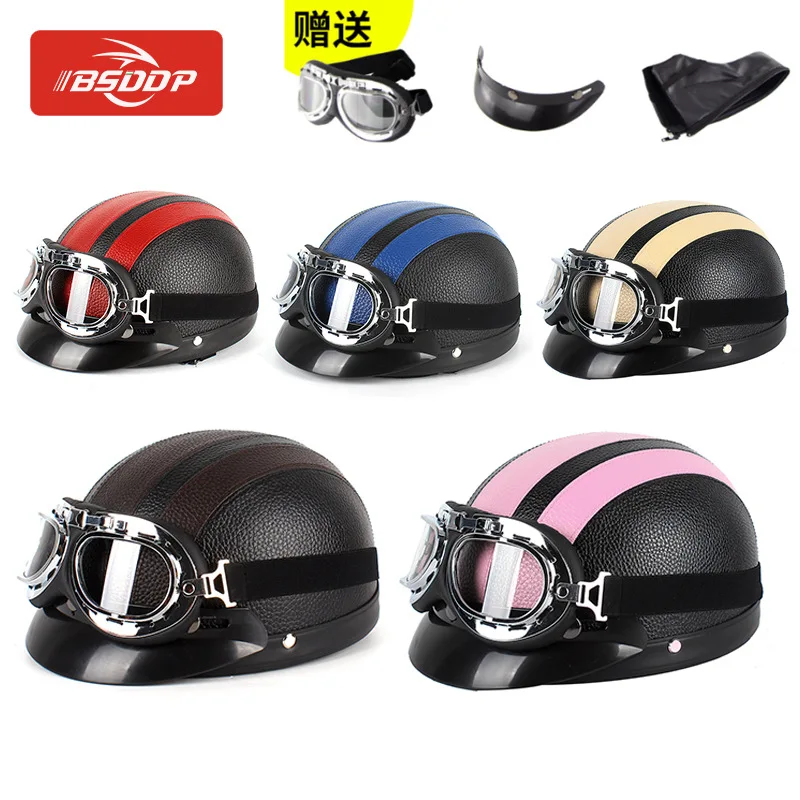 

BSDDP Motorcycle Helmets Motorcycle PU Helmet with Goggles Summer Sunshade Breathable Men and Women Riding Half Helmet Motorbike