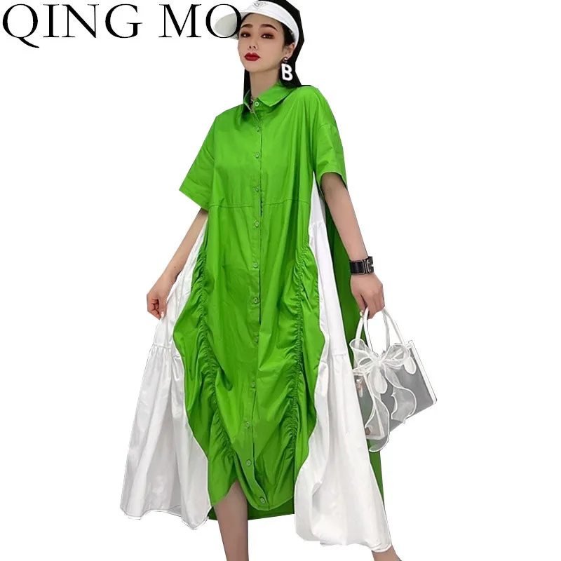 

QING MO Women Single-breasted Dress 2023 Summer Fashion Loose Mid-length Short Sleeve Stitching Color Shirring Dress LHX483A