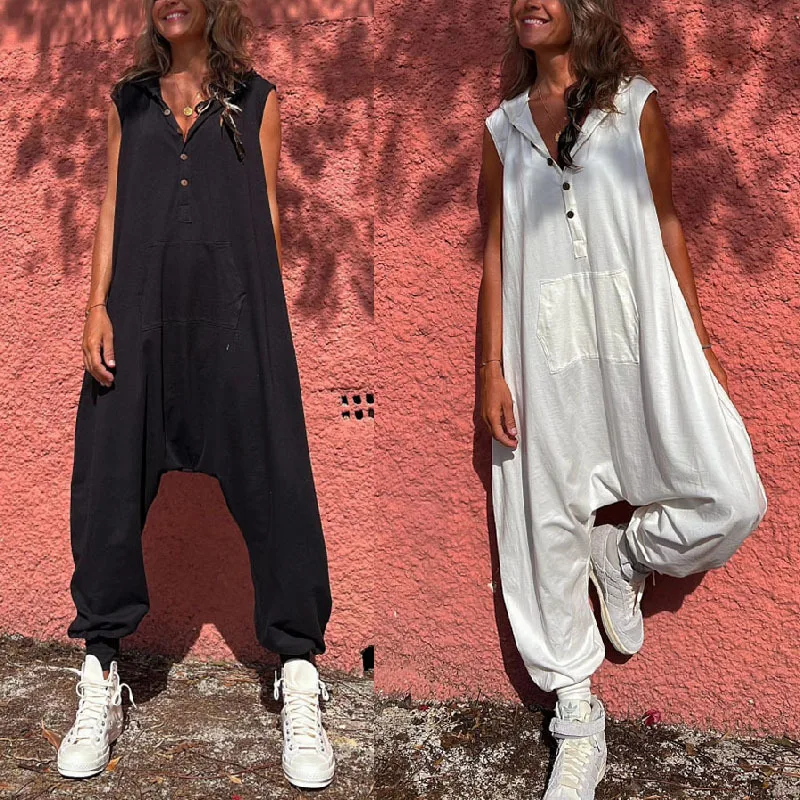 

Elegant Women Jumpsuits 2023 Summer Street Fashion Trend Loose Hip Hop Solid Casual Sleeveless Hooded Jumpsuit