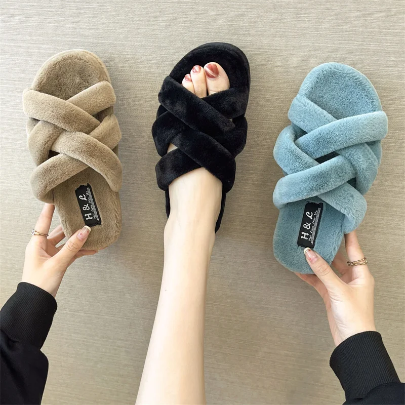 

Women Cotton Slippers Plush Warm Floor Slides Fluffy Hairy Flip Flops Female Couple Large Size Shoes Outdoor Home Cloud Slippers