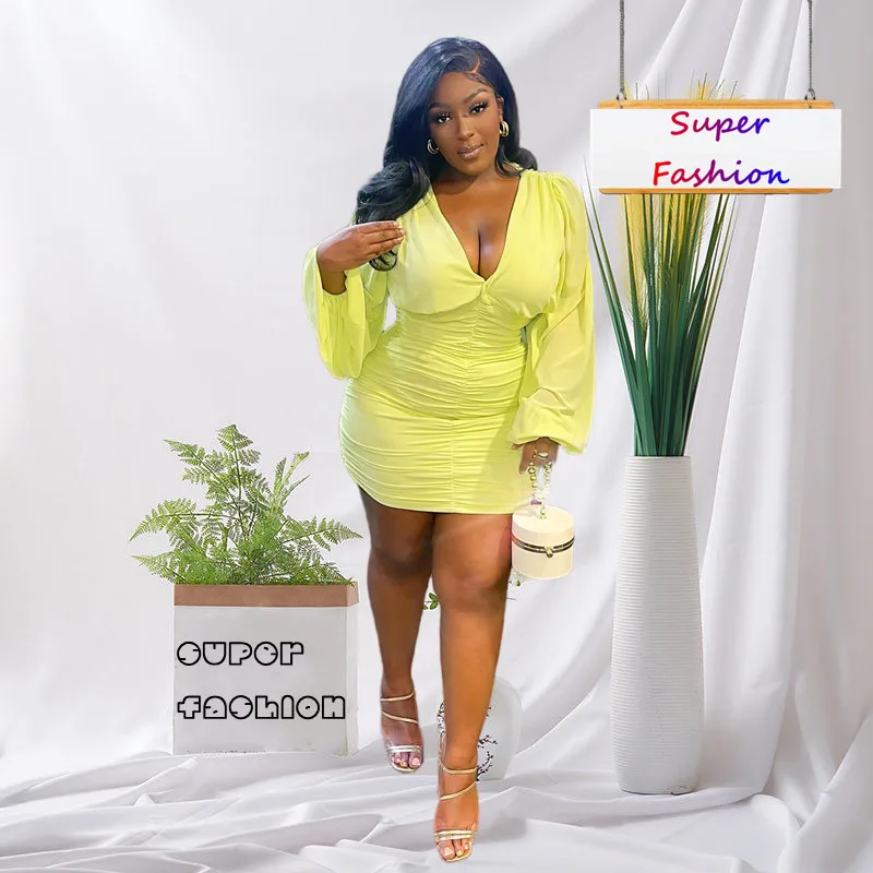 

XL-5XL 2022 Sexy Plus Size Dresses Women Clothing Outfit Long Lantern Sleeve V Neck Night Club Mini Dress Dropshipping Wholesale