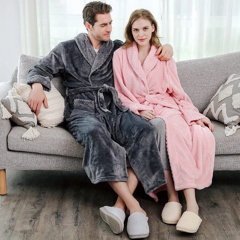 Winter Plus Size Long Coral Fleece Bathrobe Warm Flannel Bath Mens Cozy Robes Night Sleepwear Women Dressing Gown Kimono