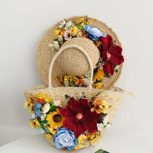 Flower Straw Bag women larger Capacity woven bag seaside holiday beach bag hand knitting shoulder bag with raffia sun hat
