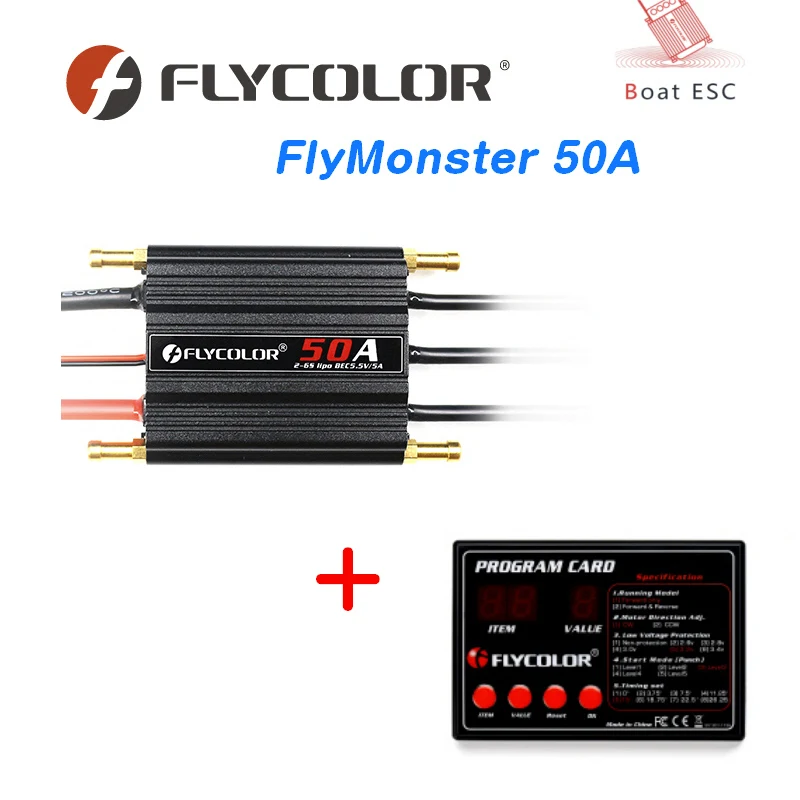 

Original FLYCOLOR 2-6S 50A Waterproof Brushless ESC Speed Controller for RC Boat Ship with BEC 5.5V/5A Water Cooling System