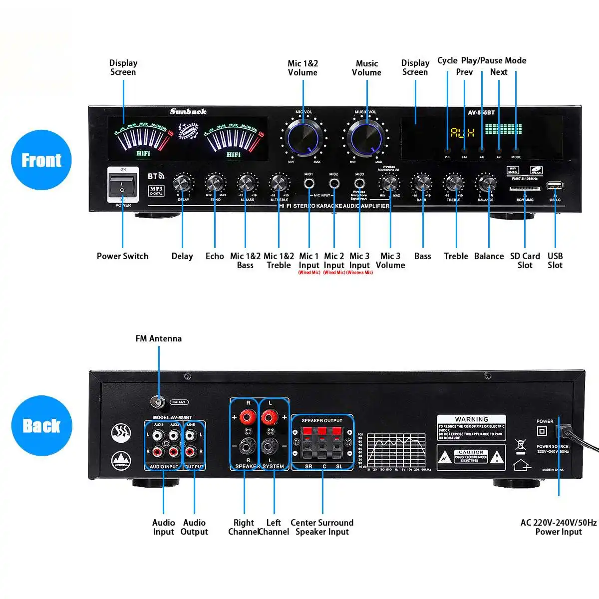 Kup SUNBUCK AV555BT 4000W 5CH 12V Wzmacniacz Mocy Bluetooth Hifi Wzmacniacz Do Kina Domowego Audio Stereo Amplificador FM USB SD 3Mic