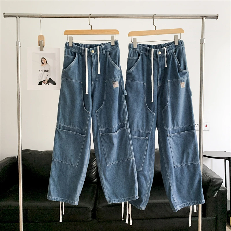 

Свободные облегающие джинсы KJ в японском ретро-стиле с двойной конструкцией по колено, мужские и женские брюки, мужские джинсы