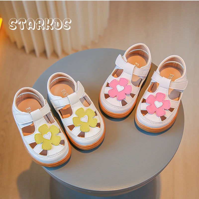 Flower Patch Strap Sandals Baby Girls Summer Cut-out Loafers Toddler Kids Soft Sole Floral Shoes Breathable Hook & Loop Sneakers