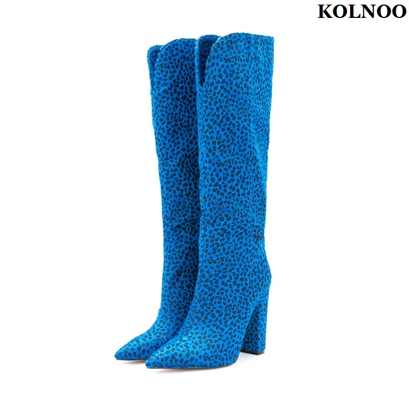

Kolnoo Handmade 2023 New Classic Style Ladies Chunky Heel Boots Blue Leopard Party Prom Half Booty Evening Fashion Winter Shoes
