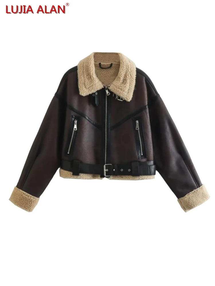 

New Women's Lapel Belt Zipper Pocket Long Sleeve Chic Splicing Short Coat Casual Loose Outerwear LUJIA ALAN C1632