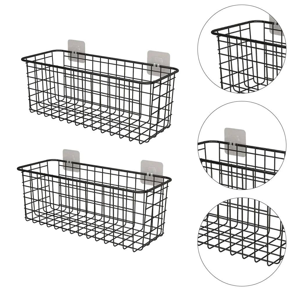 

2pcs Durable Multifunctional Wall Mount Iron Storage Baskets for Home (Black)