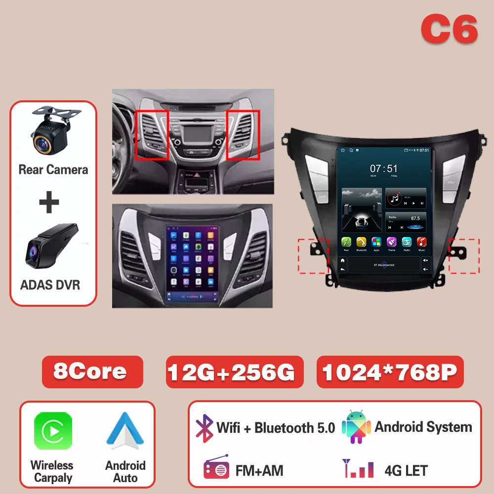 

Android 15 Carplay для Hyundai Elantra 2011-2016 VerticaL Автомагнитола Авто 4G WIFI GPS-навигация Мультимедийный видеоплеер Стерео