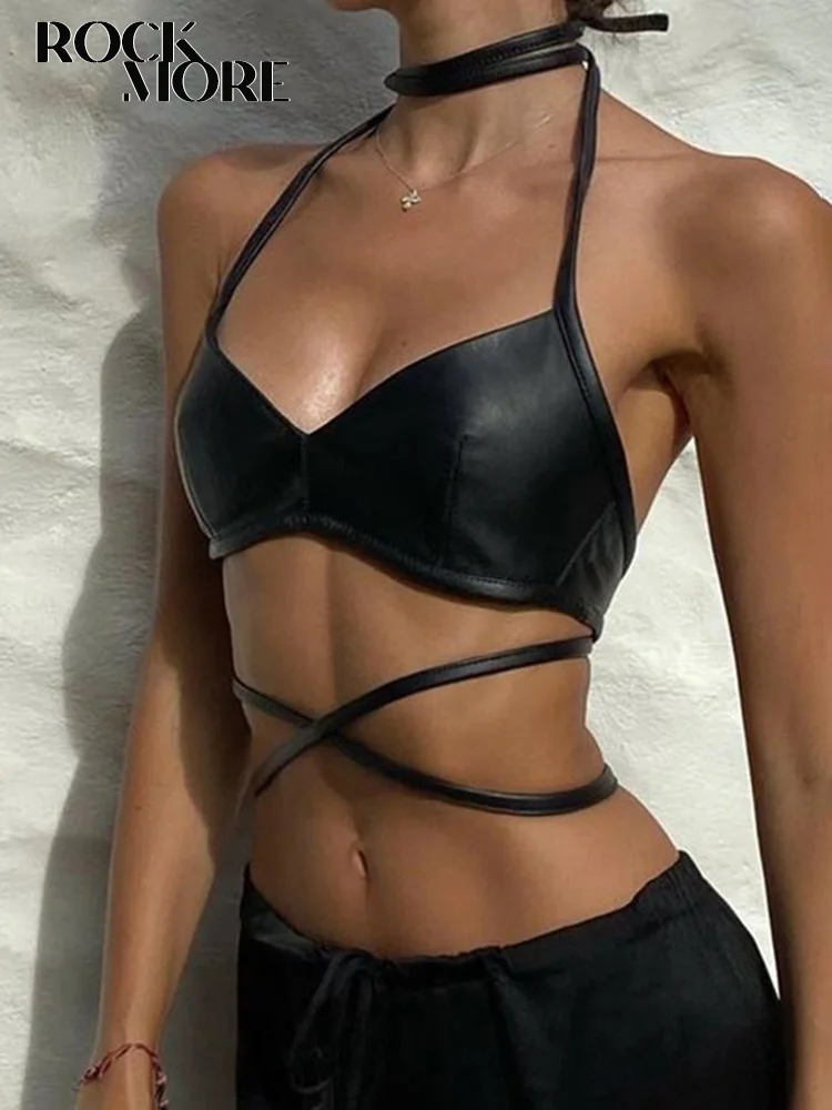 

Rockmore Sexy PU Leather Crop Top Clubwear Backless Camis Sexy Beach Party Outfits Women Lace-up Bustiers Summer Halter Corset