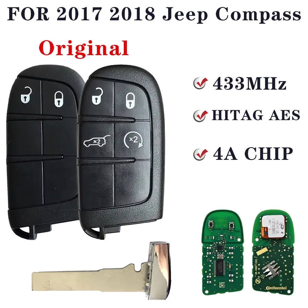 Для 2017 2018 Jeep Compass 433 МГц 4A чип без ключа SIP22 лезвие M3N- 40821302 Оригинальный 2-кнопочный