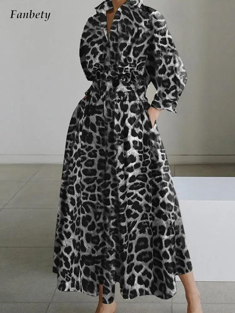 

2022 Sexy Lapel Collar Leopard Print Long Party Dress Fashion Office Long Sleeve Waist Dress Women Elegant Shirt Dress Vestidos