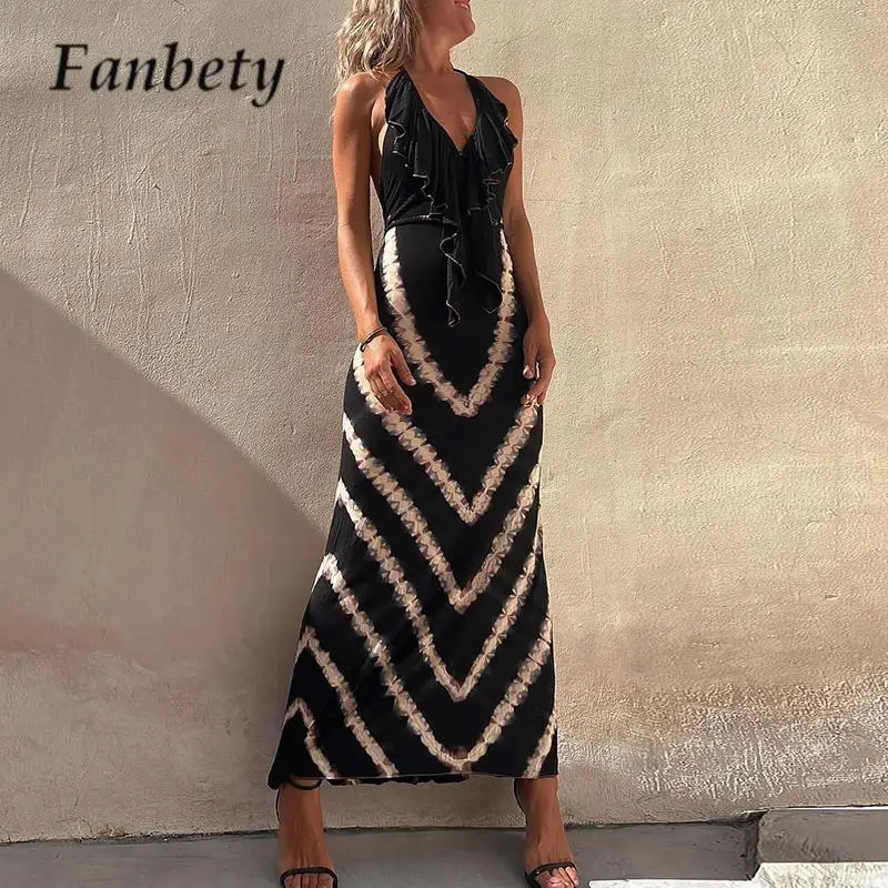 

Sexy Ruffle Deep V Neck Long Dress Boho Elegant Sling Pattern Print Party Dress Summer Lady Backless Slim Waist High Waist Dress