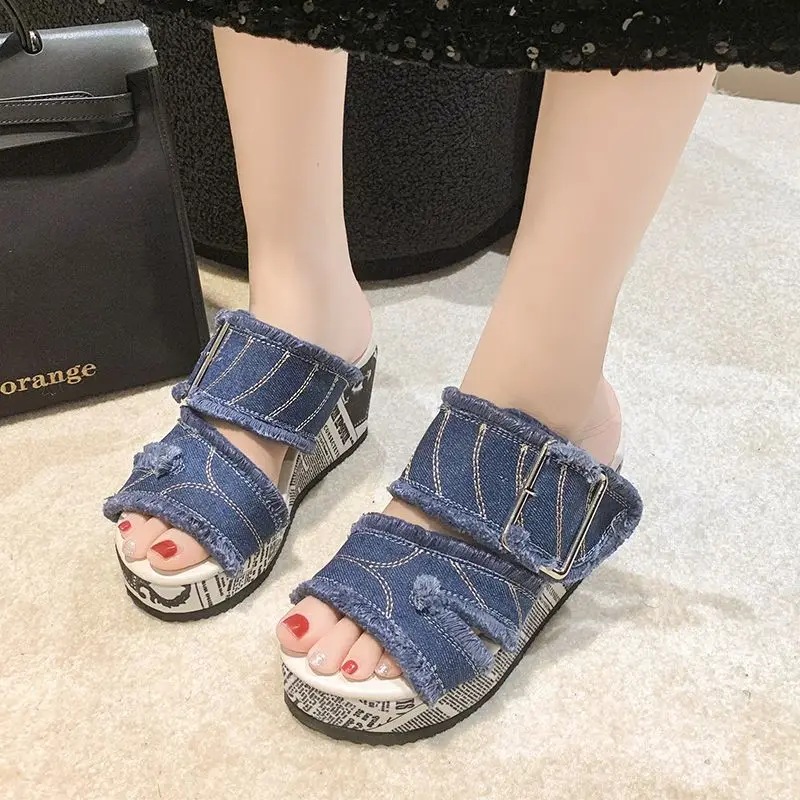 Women's Large Size Sandals Summer New Fashion Denim Wedge Slippers Outer Wear Thick Sole Increased Breathable Shoes