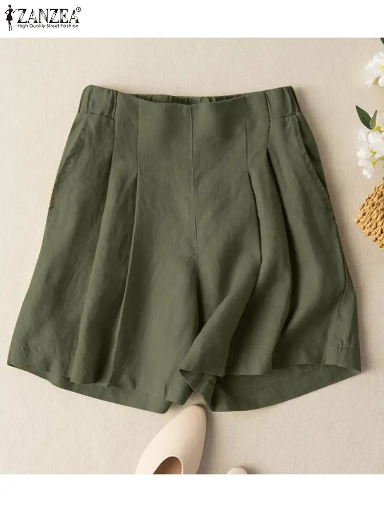 

Fashion Solid Shorts Women Summer Pants ZANZEA 2022 Casual Elastic High Waist Trousers Female Pantalon Palazzo Turnip Oversized