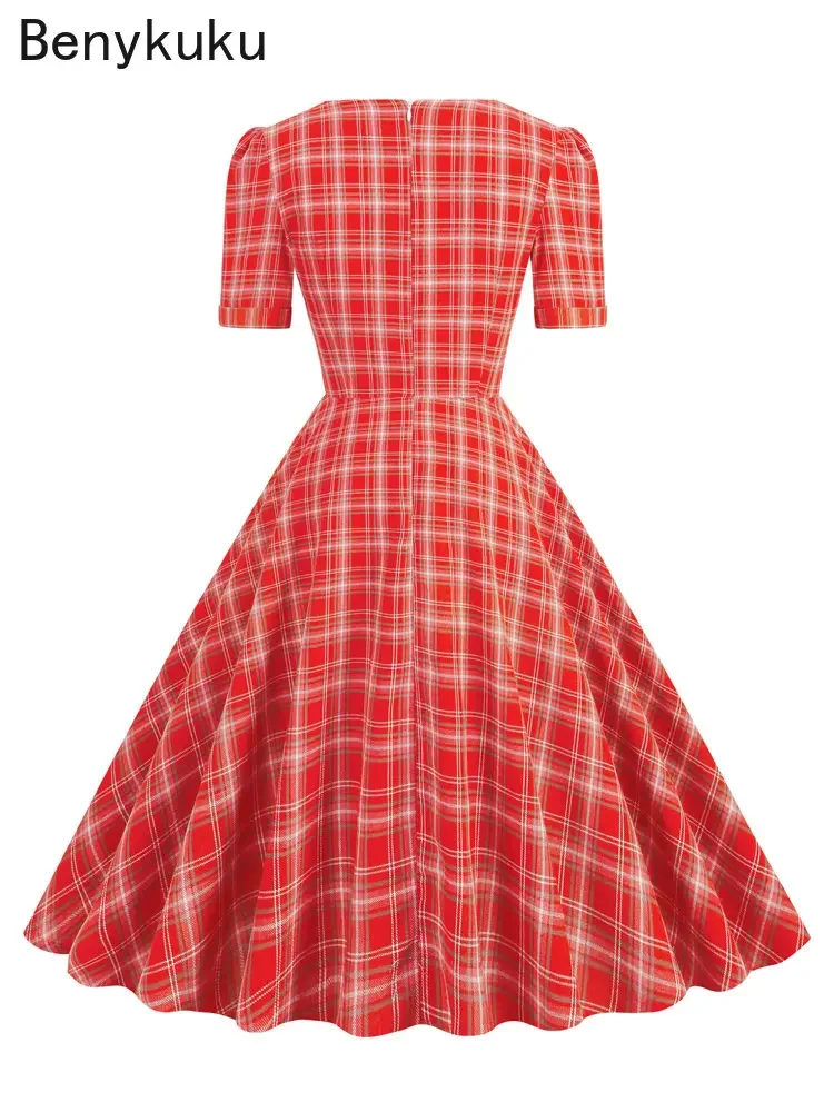 Женское винтажное платье с бантом спереди зеленое клетчатое 1920-х годов в стиле