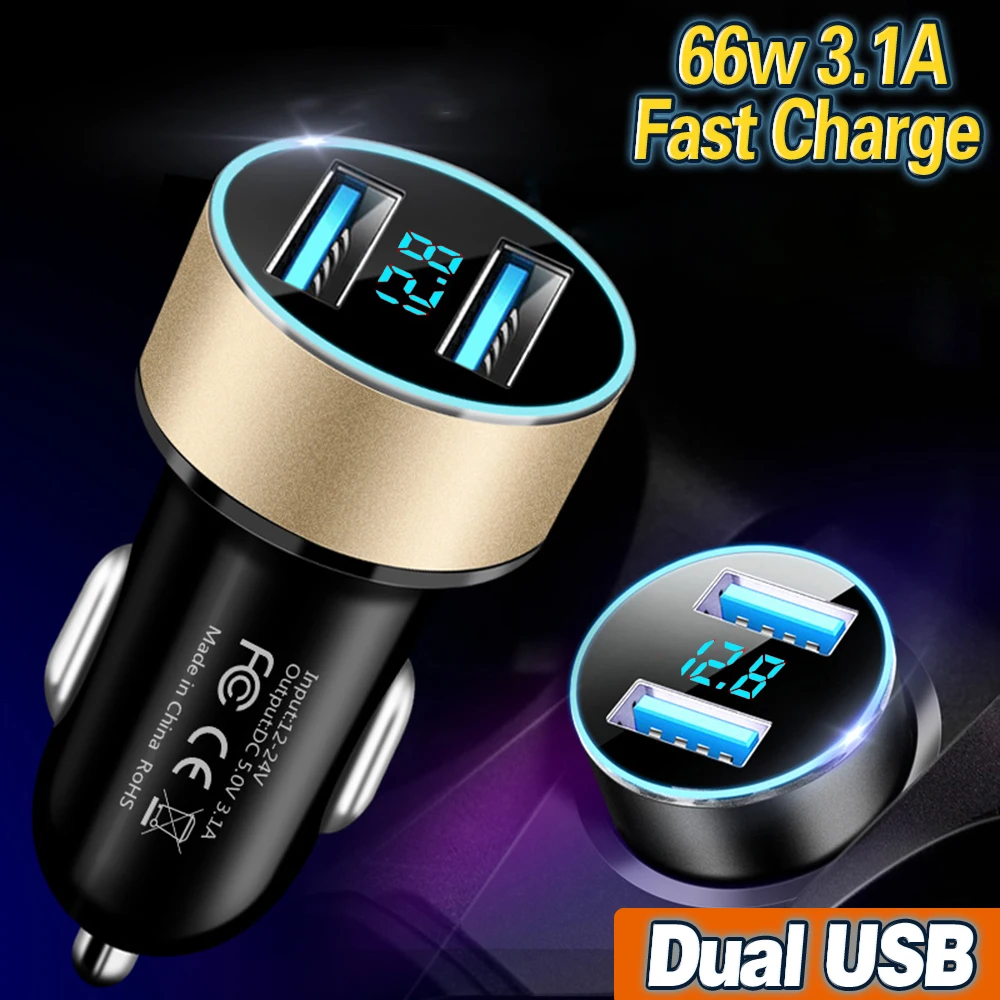 

66W 3.1A Dual USB Super Fast Car Charger QC3.0 Adapter LED Digital Display Fast Charging For iPhone Xiaomi Samsung Huawei OPPO