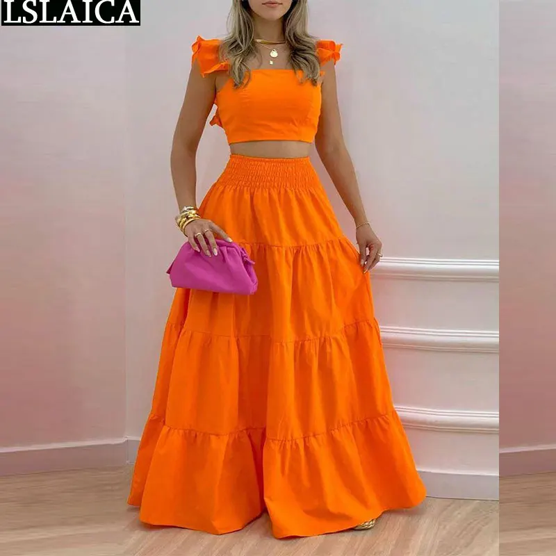 

Fashion Two Piece Sets Womens Outifits Summer Crop Top & High Waist Loose Maxi Skirts Set 2022 New Casual Solid Elegant Holiday