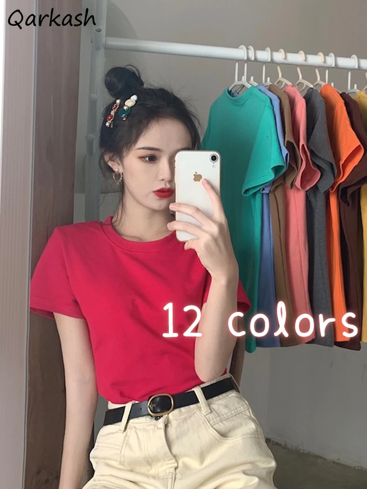 

Футболка женская с коротким рукавом, однотонный облегающий кроп-топ, универсальный Повседневный модный базовый топ в стиле ольччан, в стиле...