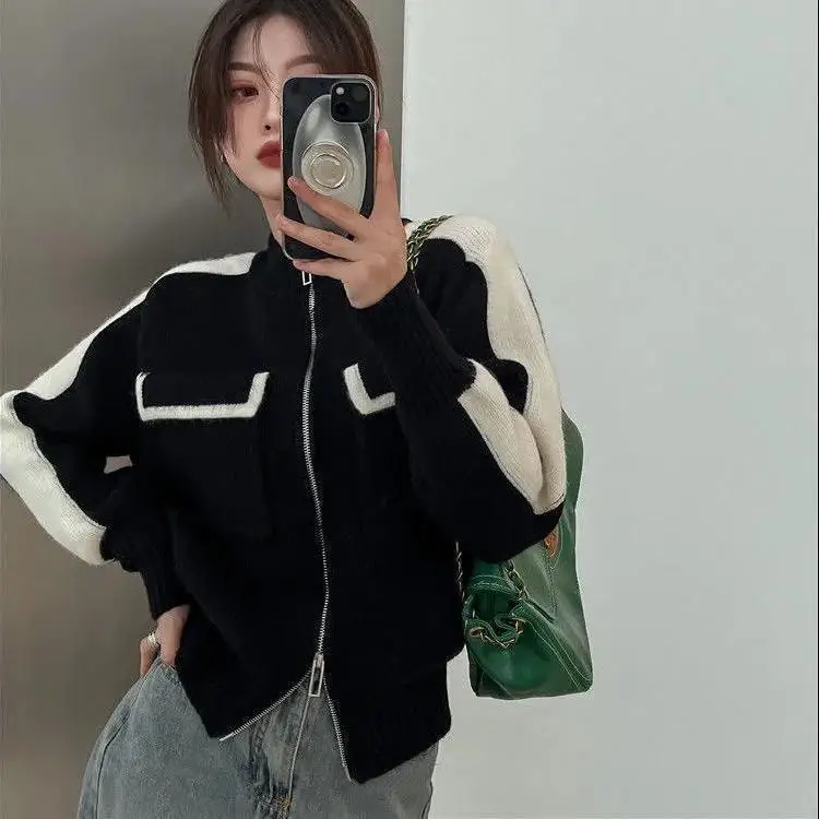 

2022 Autumn Winter Women New Pockets Sweater Coats Female Patchwork Cardigan Jackets Ladies Half High Collar Knit Outerwear D361
