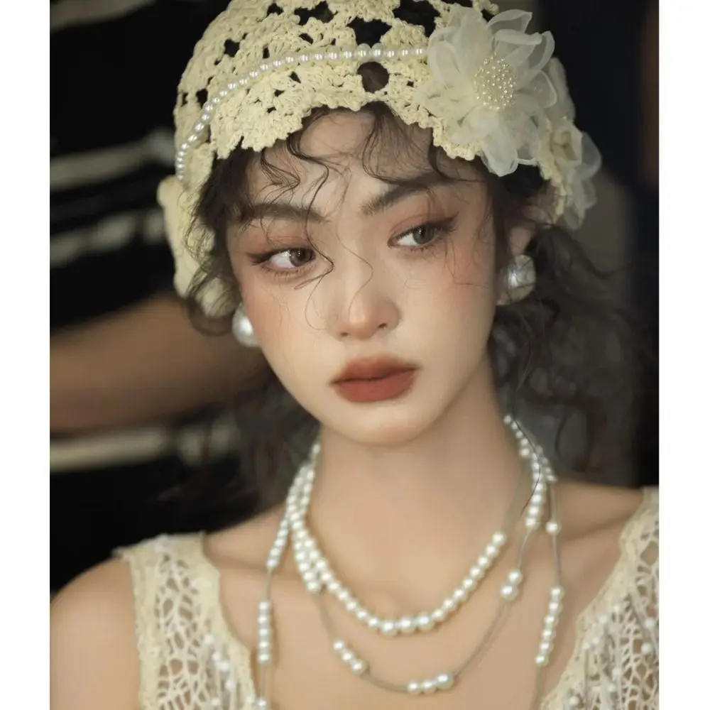 Дышащая вязаная шапка с вырезами цветочный кружевной берет жемчужные модные