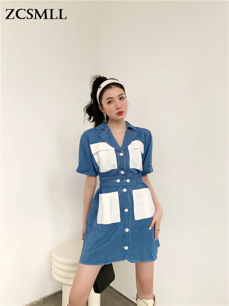 ZCSMLL Designer Denim Shirt Dress For Women 2022 Summer Short Sleeve Multi-Pocket Blue Button Up Lapel Mini Dress High Fashion