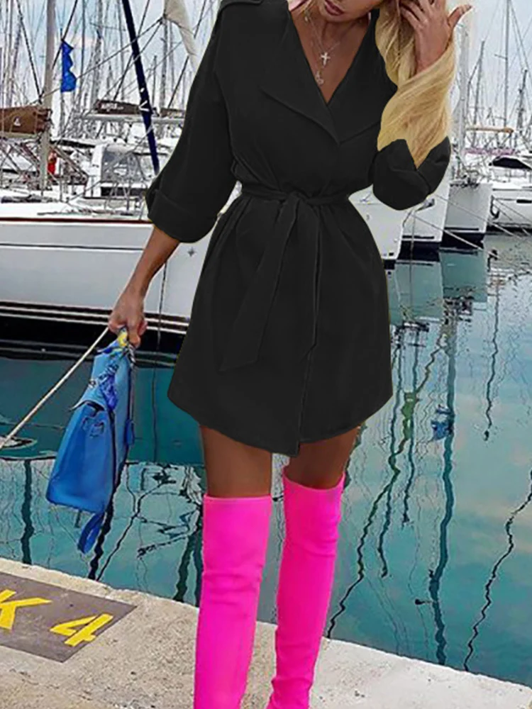 

Elegant Solid Turn-down Collar Straight Mini Dress Spring Women Slit Blazer Dress Autumn Long Sleeve Waist Lace-up Party Dresses