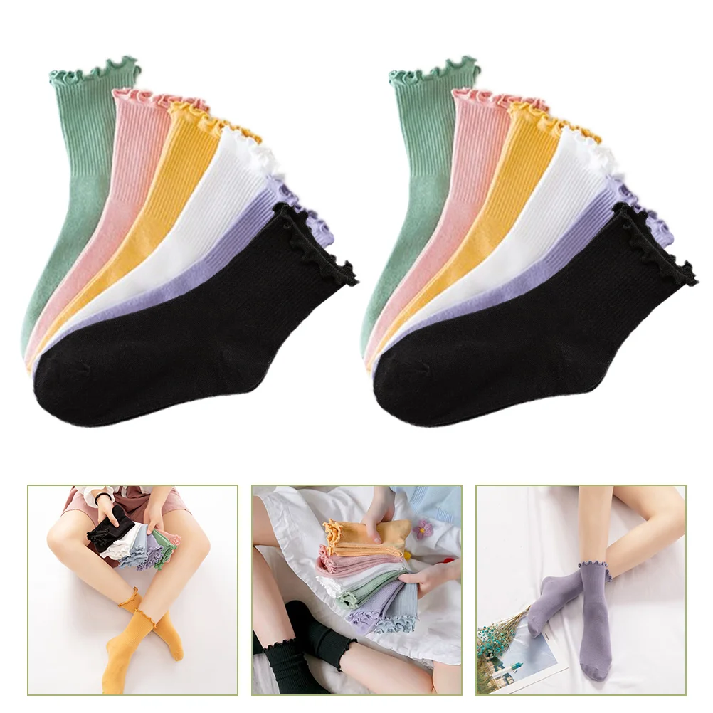 

6 Pairs Ruffled Cotton Socks Teens Girls Students Summer Lace Cosplay Miss Woman's