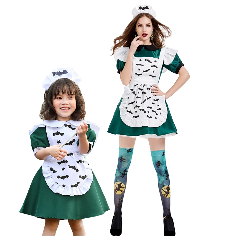 

YESKIGU 3PCS Halloween Costume Adult Magic Broom Maid Costume Dress Women Festival Carnival Cosplay Girl's Dresses Bat Pattern