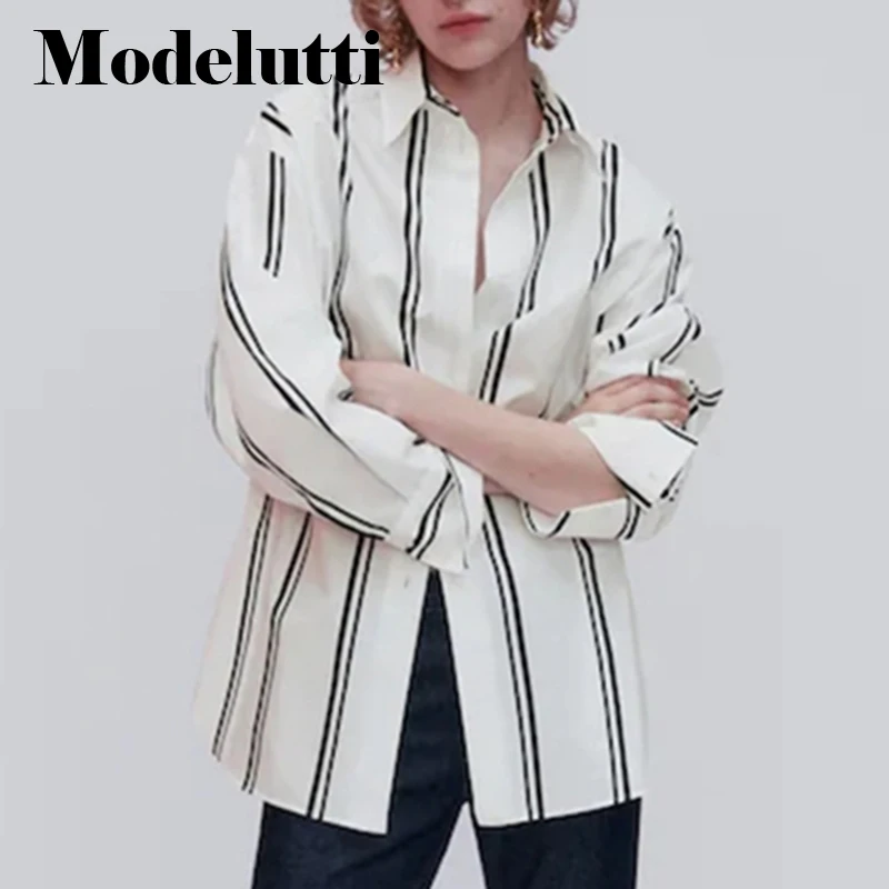 

Modelutti 2022 New Autumn Fashion Long Sleeve Vertical Stripes Shirt Woman Loose Blouses Simple Casual Commute Tops Female