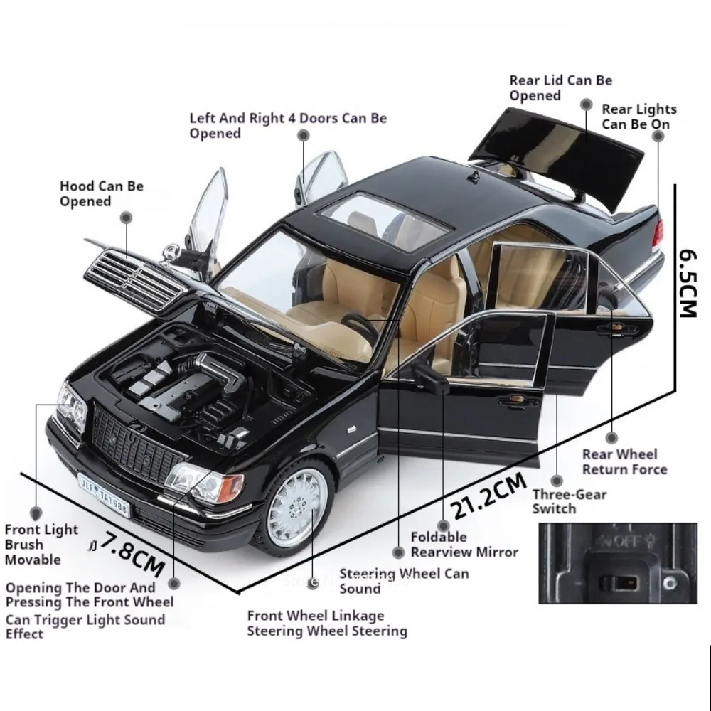 W140 320SEL Wysoka symulacja Model samochodu Cynk Metalowy korpus Plastikowe podwozie Gumowa opona Trwała funkcja wycofania Z...